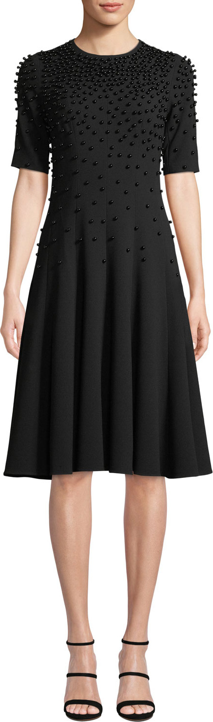 Rickie Freeman for Teri Jon Fit-and-Flare Crepe Wool Dress w/ Pearly Beading