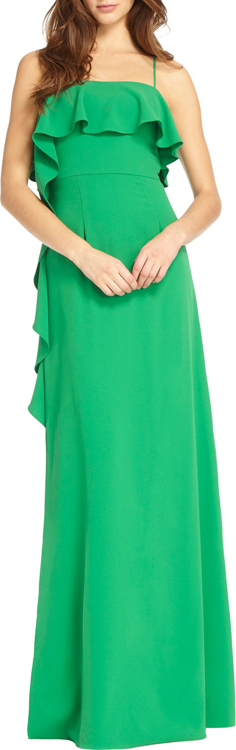 ML Monique Lhuillier Spaghetti-Strap gown w/ Flounce Ruffles