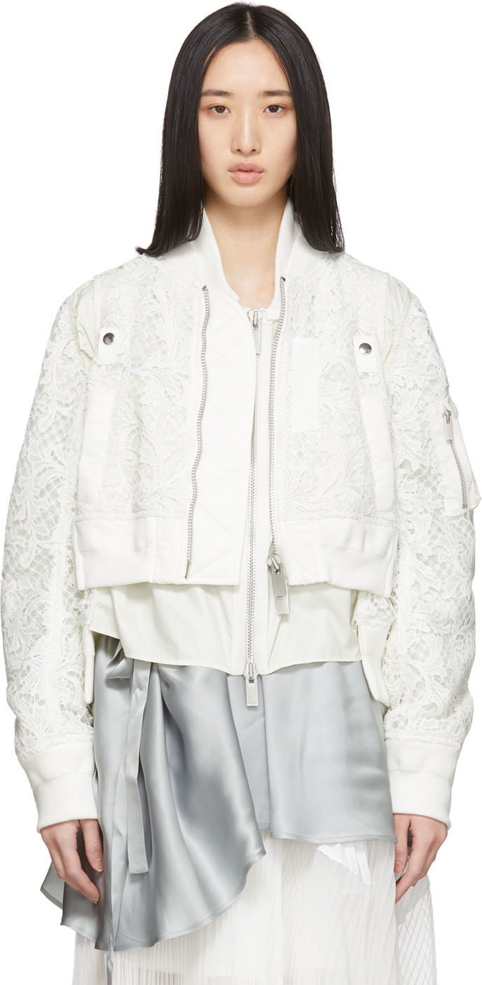 Sacai White Embroidered Lace Bomber Jacket