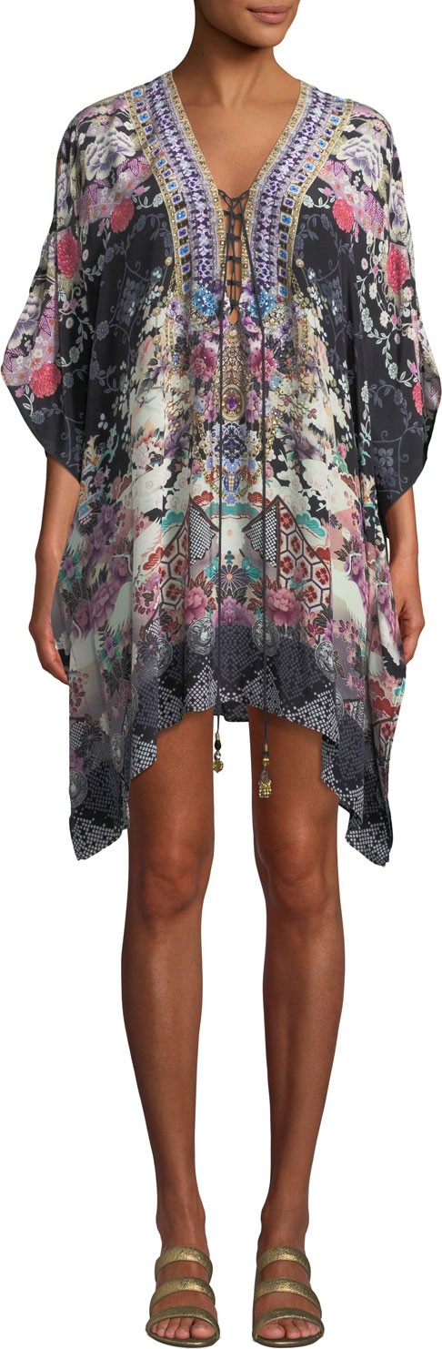 Camilla Printed Lace-Up Short Kaftan Coverup