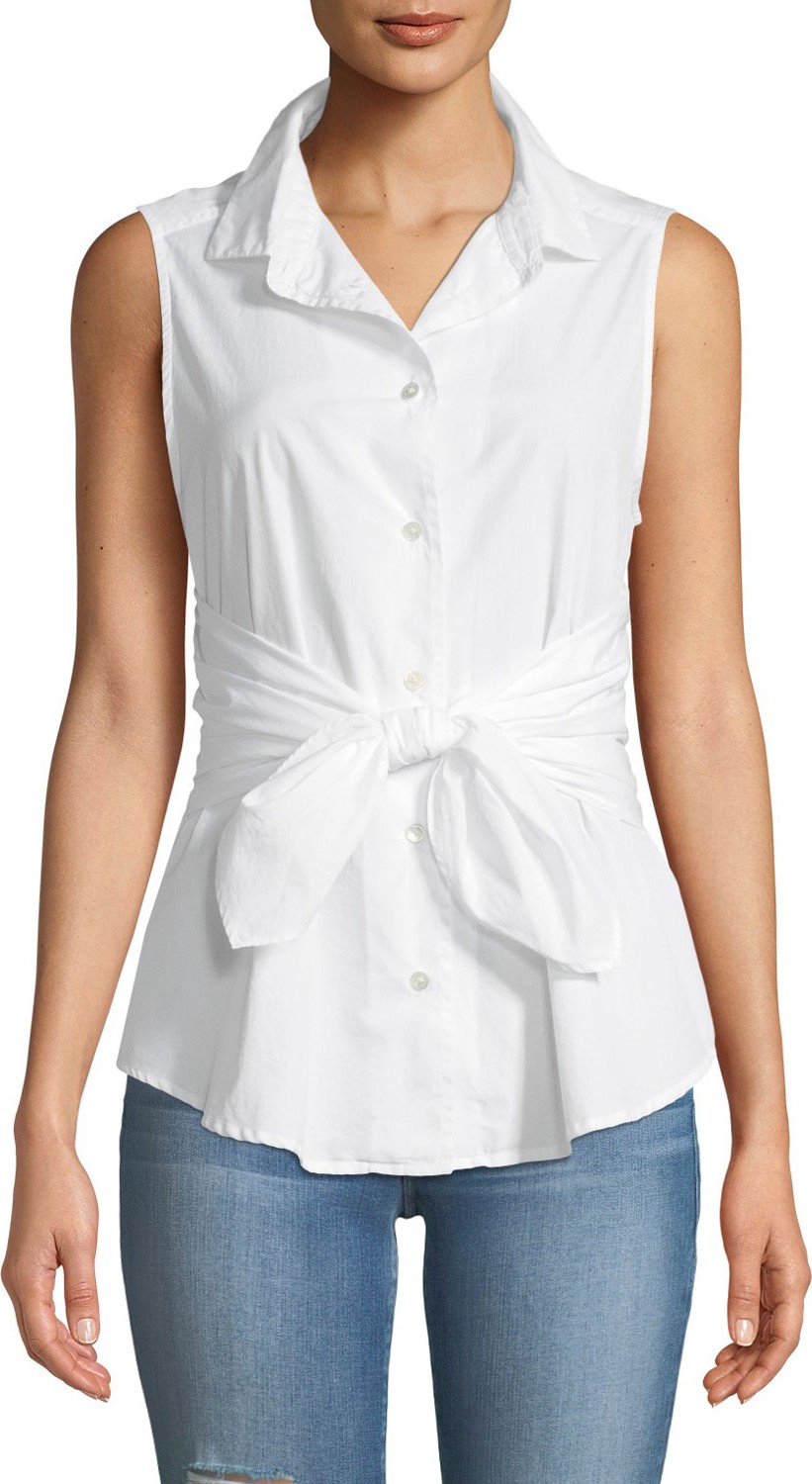 FRAME DENIM Sleeveless Button-Front Belted Poplin Top