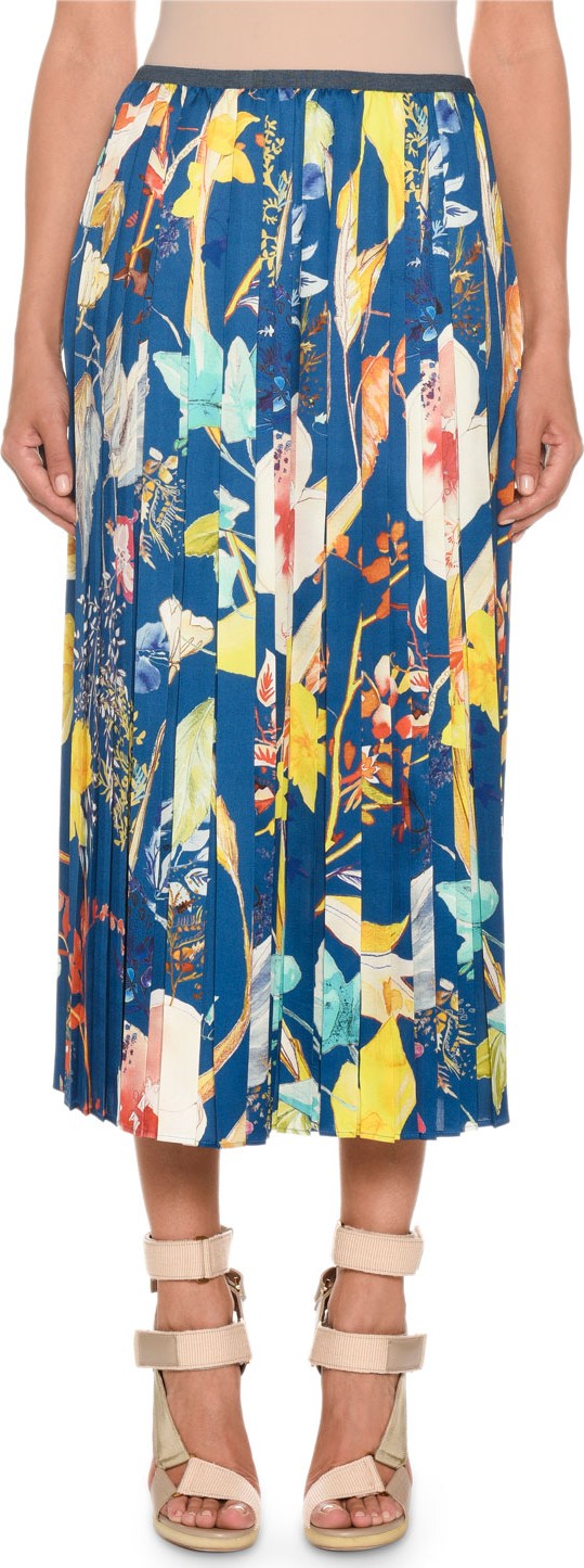 Agnona Pleated Floral-Print Midi Skirt
