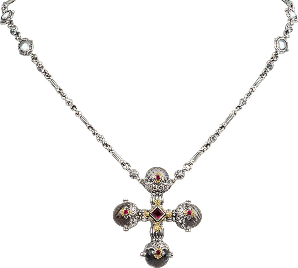 Konstantino Pythia Crystal & Corundum Cross Necklace