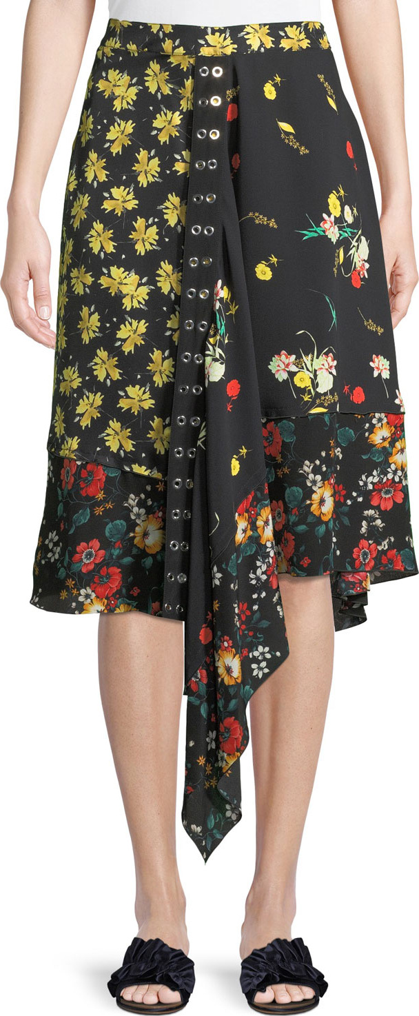 Derek Lam Mixed Botanical-Print Asymmetric Silk Skirt