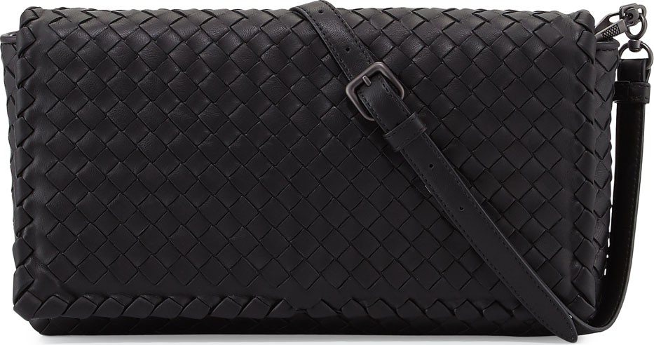 Bottega Veneta Small Intrecciato Flap Clutch Bag w/Strap, Black