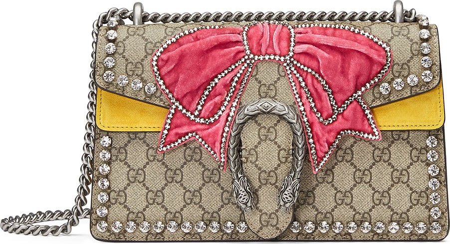 Gucci Dionysus Small GG Supreme Shoulder Bag with Bow & Crystals