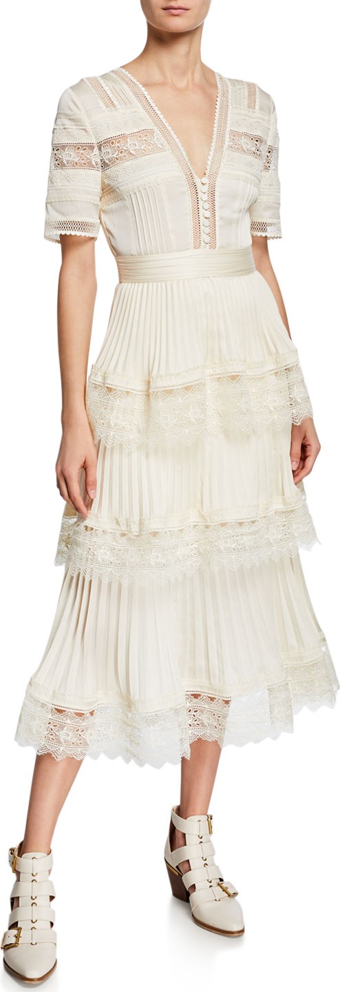Self Portrait Tiered Lace-Trim Fluid Midi Dress
