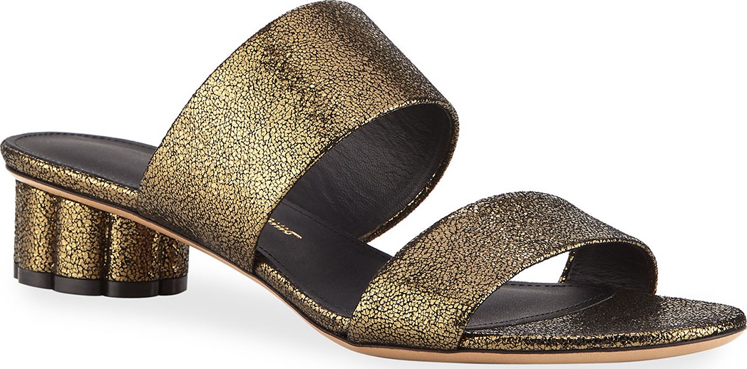 Salvatore Ferragamo Belluno Metallic Two-Band Slide Sandals