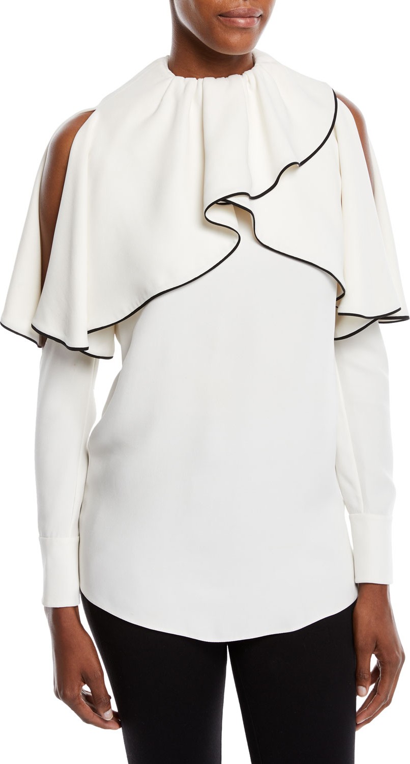 Valentino Cold-Shoulder Long-Sleeve Silk Cady Blouse