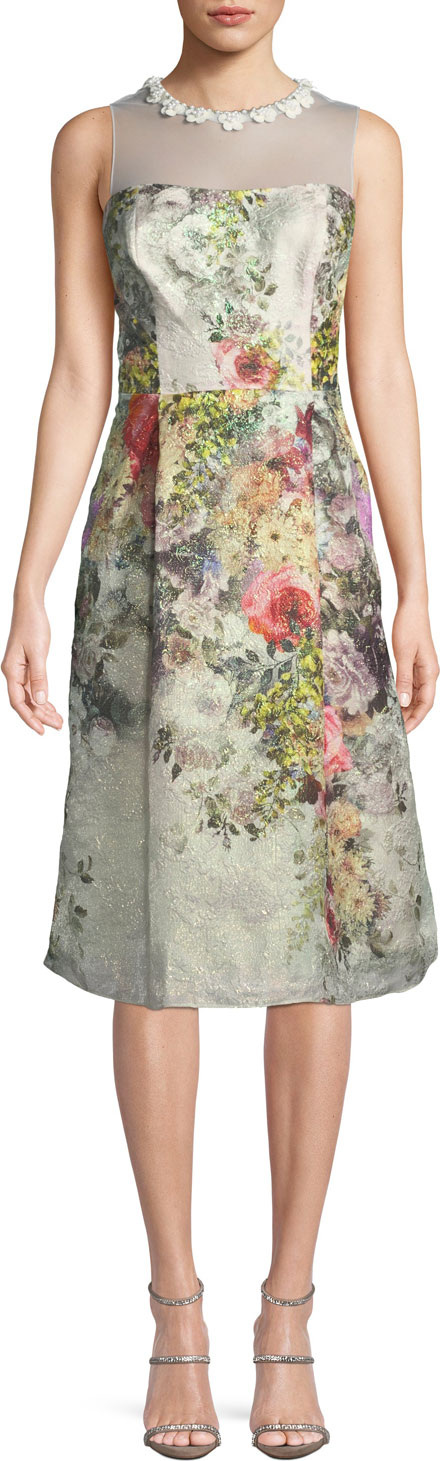 Rickie Freeman for Teri Jon Floral Jacquard Sleeveless Dress w/ Illusion Neck