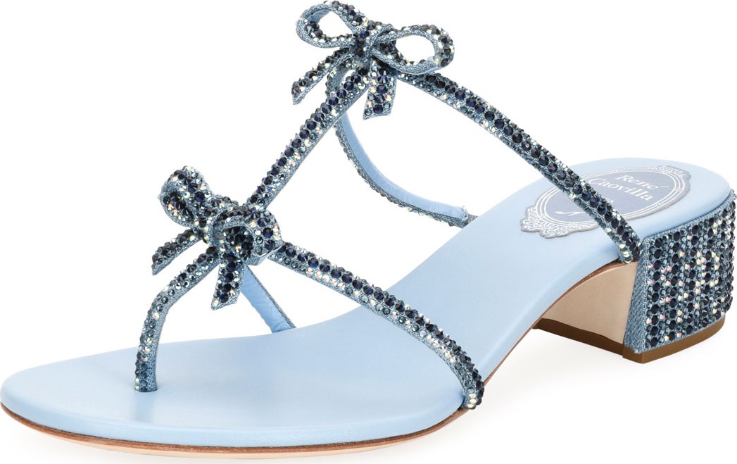 Rene Caovilla Beaded Denim Block-Heel Thong Sandal with Bows