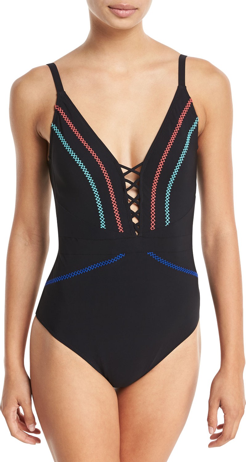 Profile by Gottex Calypso Deep-V One-Piece Swimsuit with Lacing Details