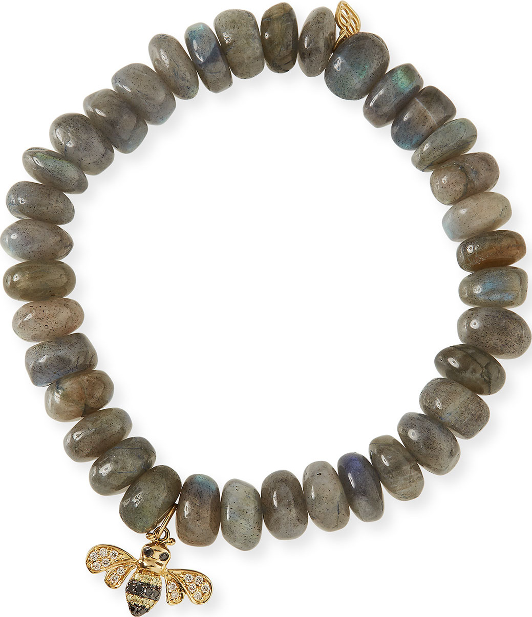 Sydney Evan 10mm Smooth Labradorite Beaded Bracelet with Diamond & Sapphire Bee Charm