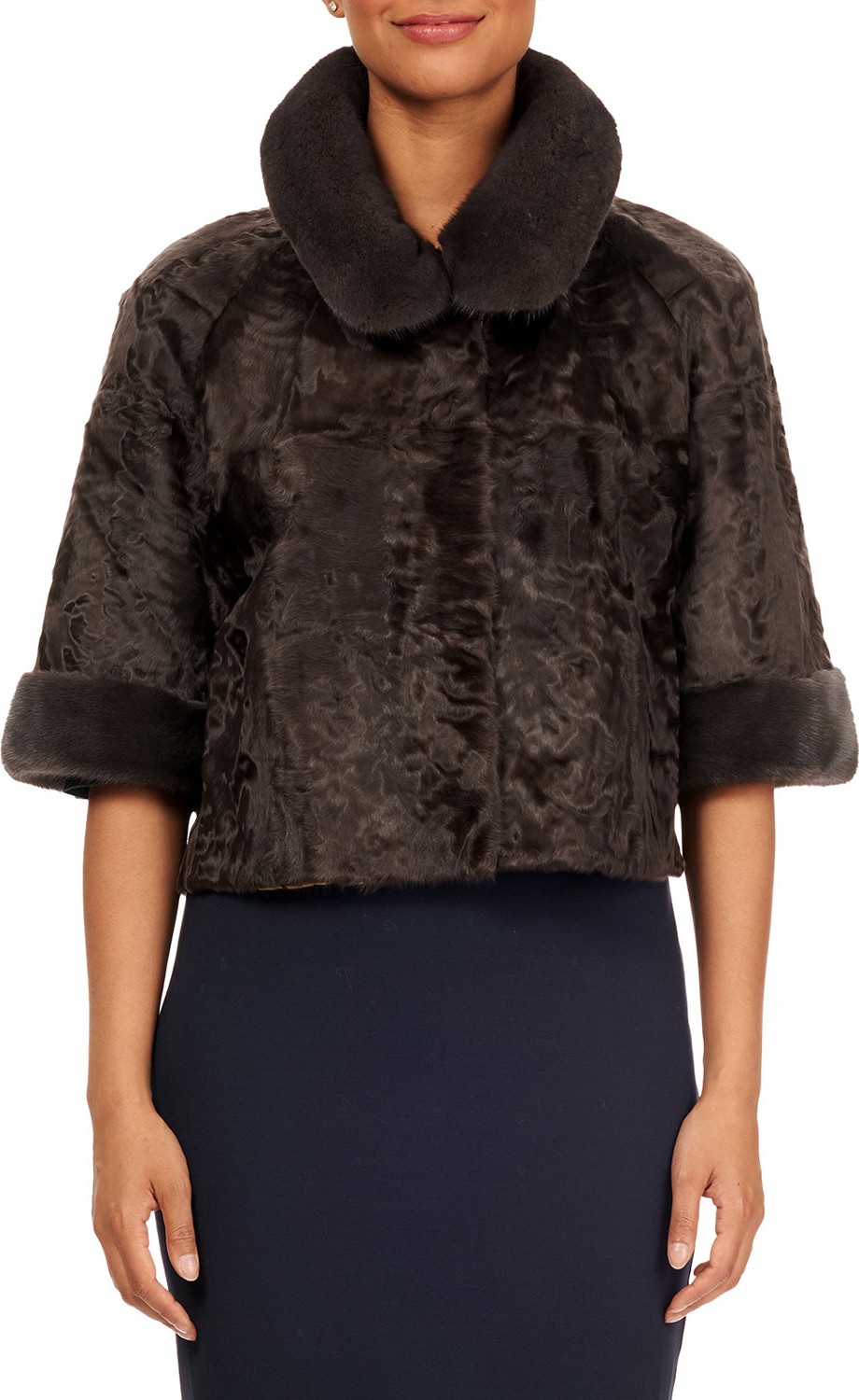 Gorski 1/2-Sleeve Mink-Trim Lamb-Fur Jacket