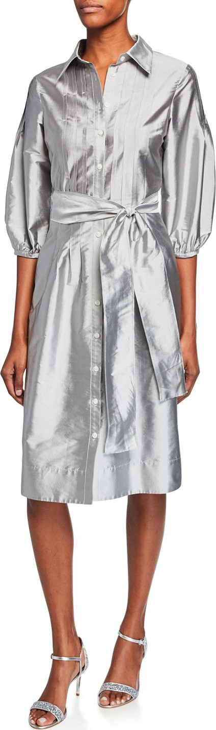Rickie Freeman for Teri Jon Button-Front Puff-Sleeve Taffeta Shirtdress