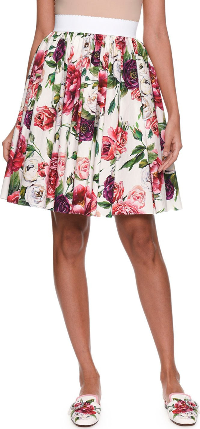 Dolce & Gabbana Elastic-Waist Rose Peony Print Cotton Poplin Skirt