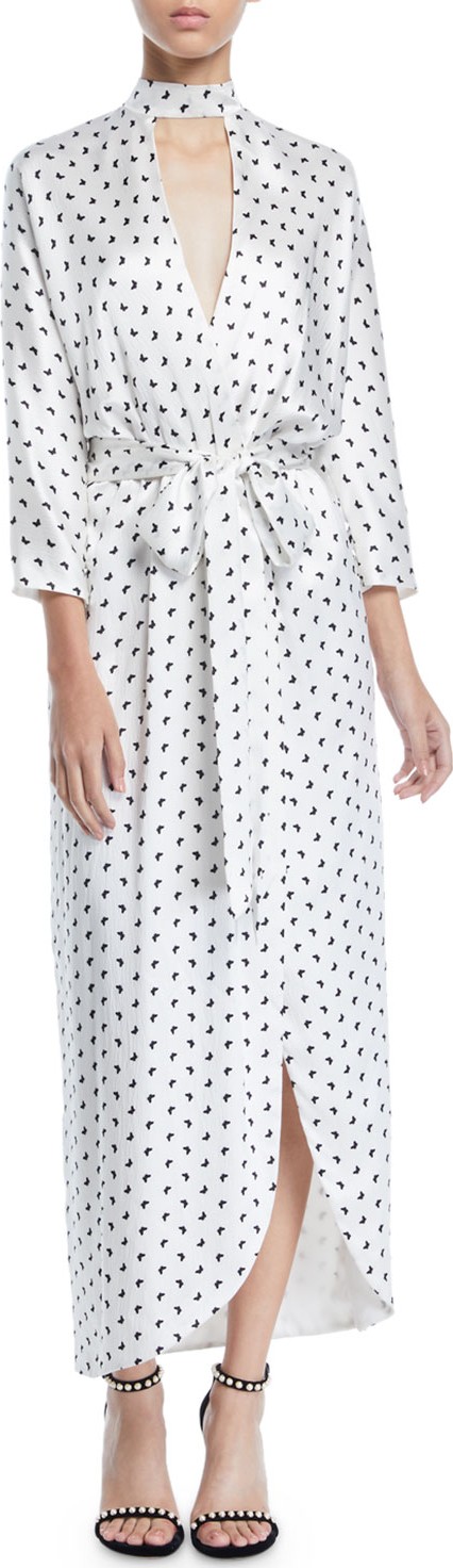 Monique Lhuillier Butterfly-Print Satin Faux-Wrap Long Dress