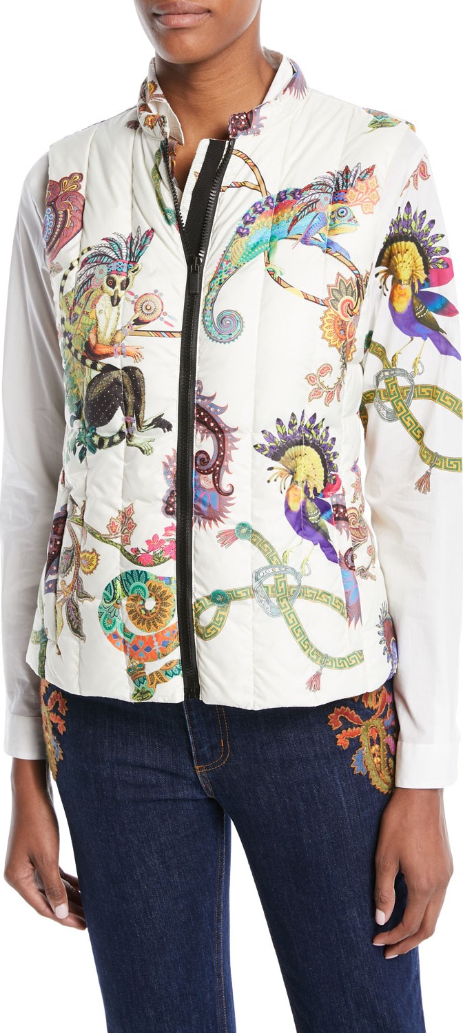 Etro Zip-Front Lemur-Print Down Puffer Vest