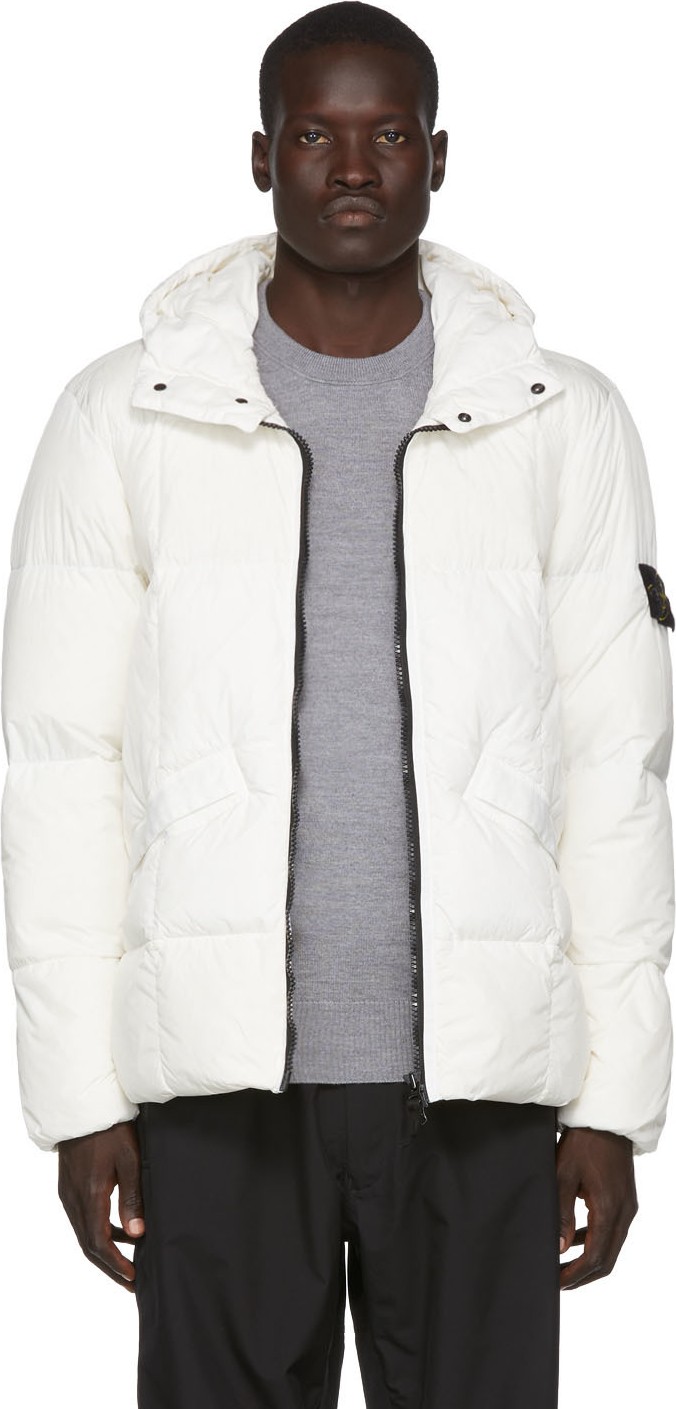 Stone Island White Down Garment-Dyed Crinkled Jacket