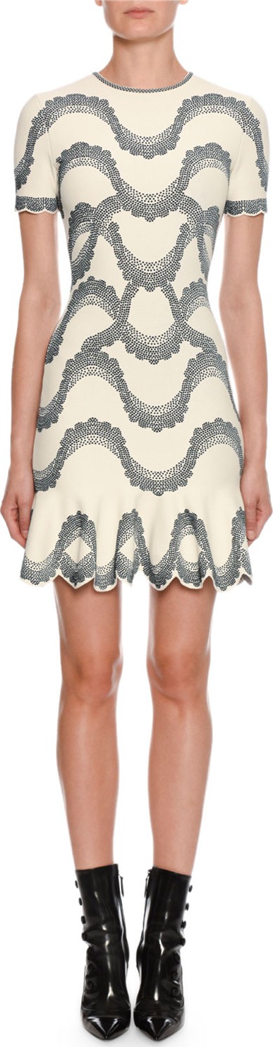 Alexander McQueen Short-Sleeve Jewel-Neck Victorian-Bead Jacquard Mini Dress