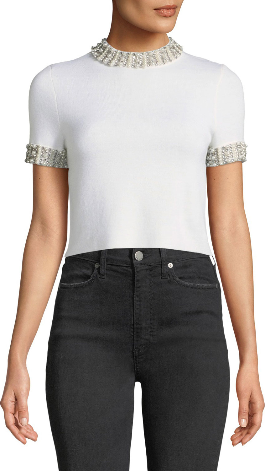 Alice + Olivia Ciara Mock-Neck Short-Sleeve Fitted Cropped Sweater