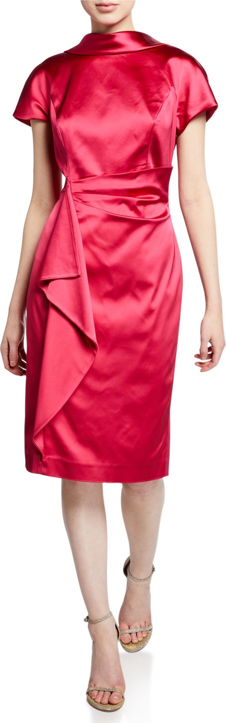 Rickie Freeman for Teri Jon V-Back Cap-Sleeve Satin Sheath Dress with Flounce-Trim