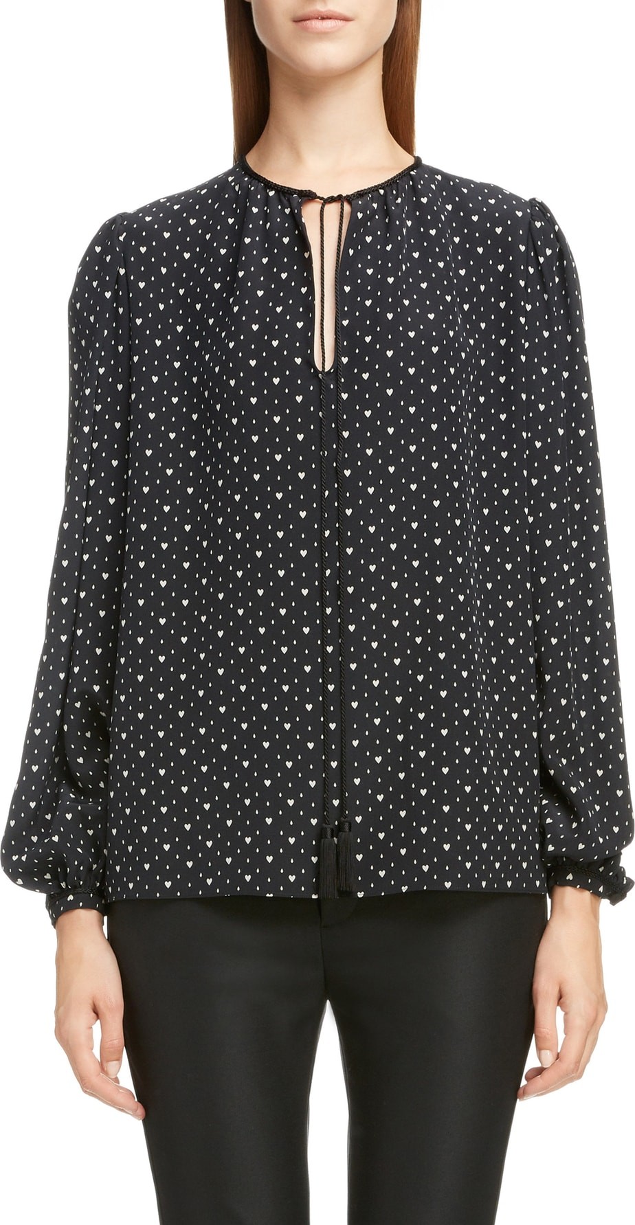 Saint Laurent Heart Print Tie Neck Silk Blouse