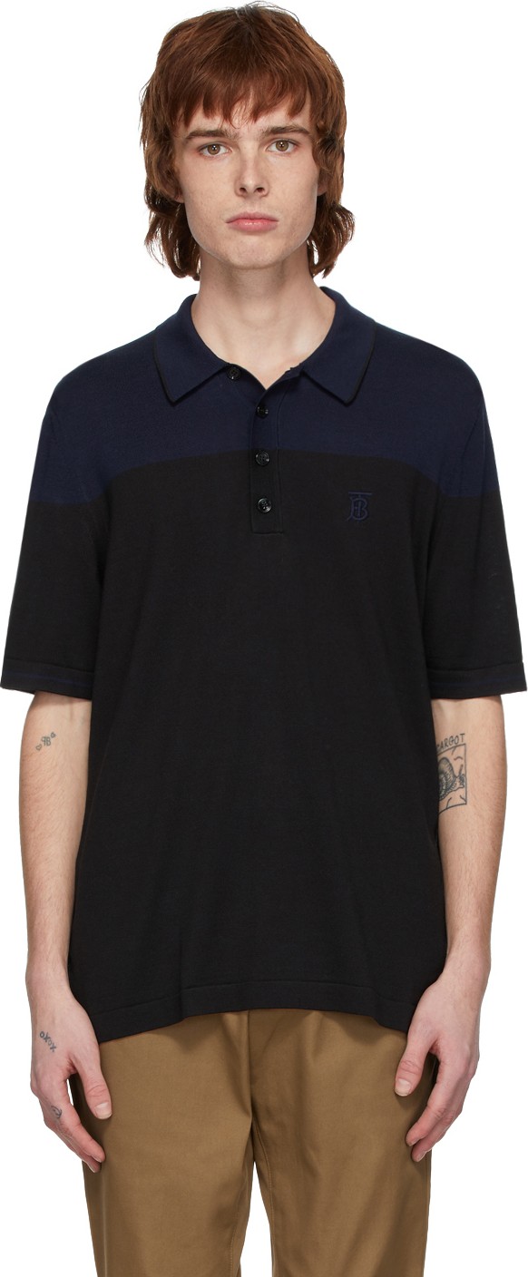 Burberry London England Black & Navy Silk Cashmere Brayton Polo