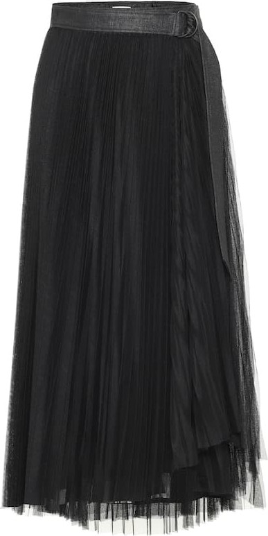 Brunello Cucinelli Leather-trimmed tulle skirt