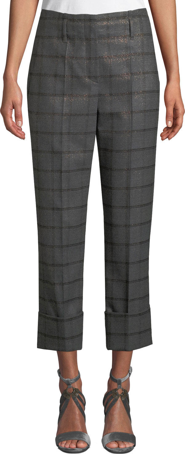 Brunello Cucinelli Metallic Plaid Wool Flannel Straight-Leg Cuffed Pants