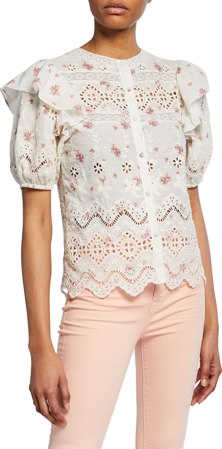 LOVESHACKFANCY Tilda Embroidered Eyelet Short-Sleeve Top