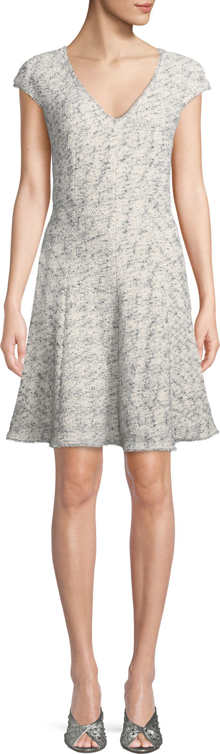 Rebecca Taylor V-Neck Sleeveless Speckled Tweed A-Line Dress