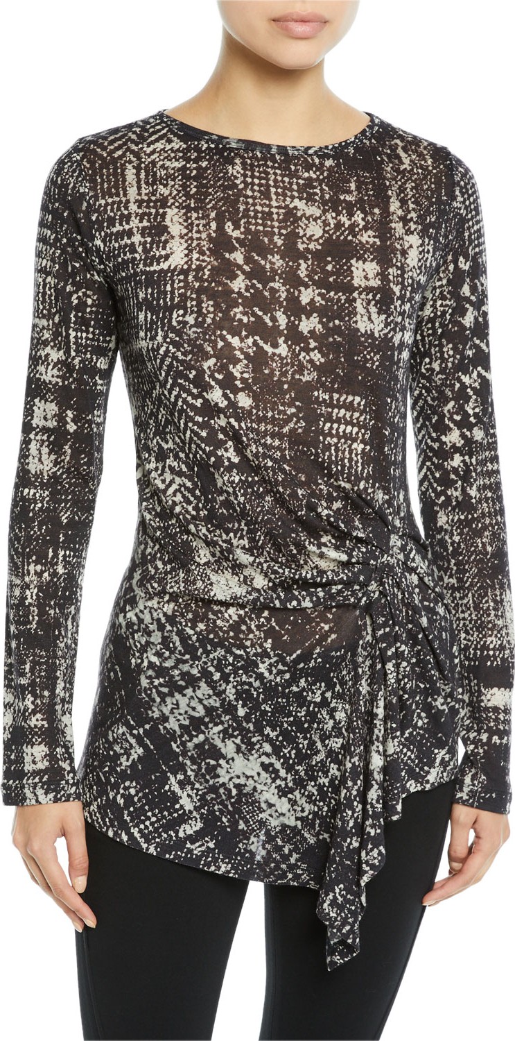 Fuzzi Long-Sleeve Plaid Shirred-Side Wool Jersey Top