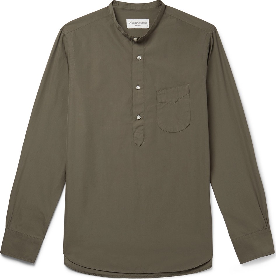 Officine Générale Grandad-Collar Washed Cotton-Poplin Half-Placket Shirt