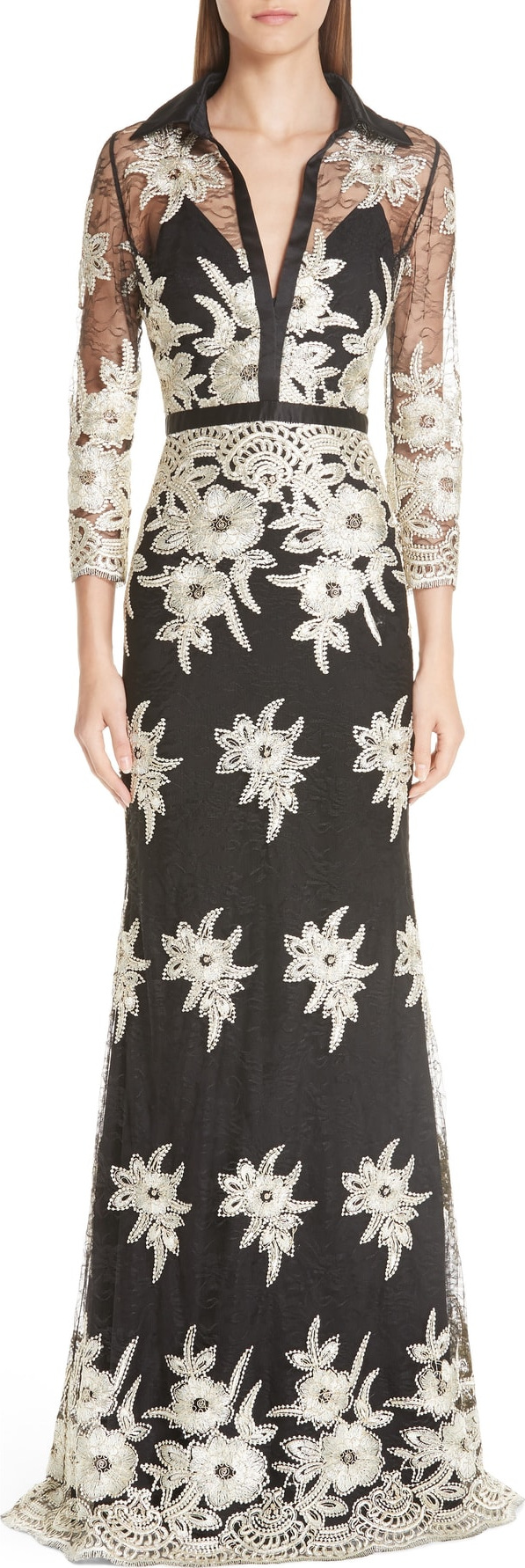 Badgley Mischka Embroidered Lace Stretch Silk Column Gown