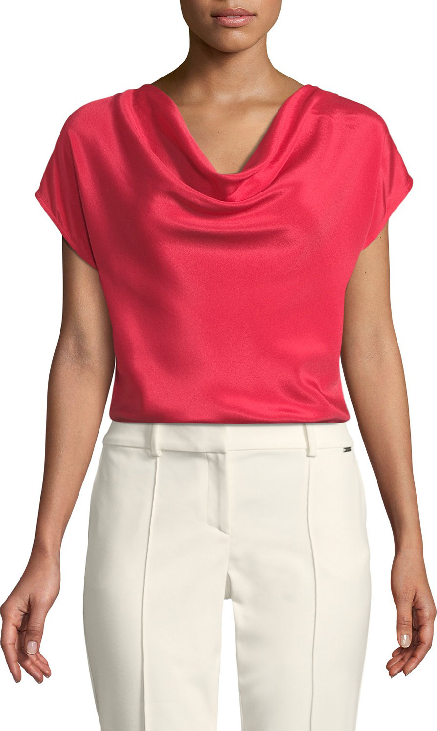 St. John Cap-Sleeve Draped-Neck Silk Top