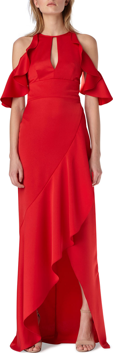 ML Monique Lhuillier Cold-Shoulder Column Gown w/ Ruffle Skirt