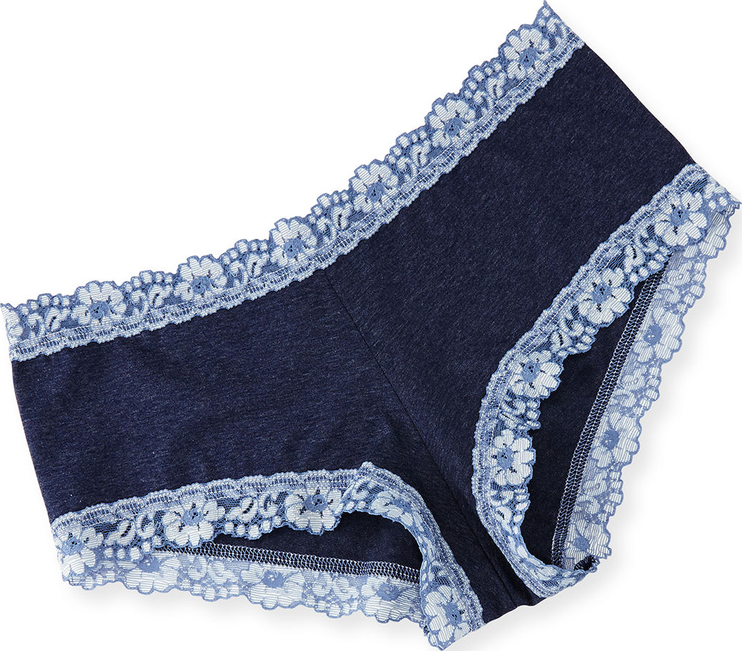 Hanky Panky Lace-Trimmed Heather Jersey Boyshorts, Chambray/Ivory