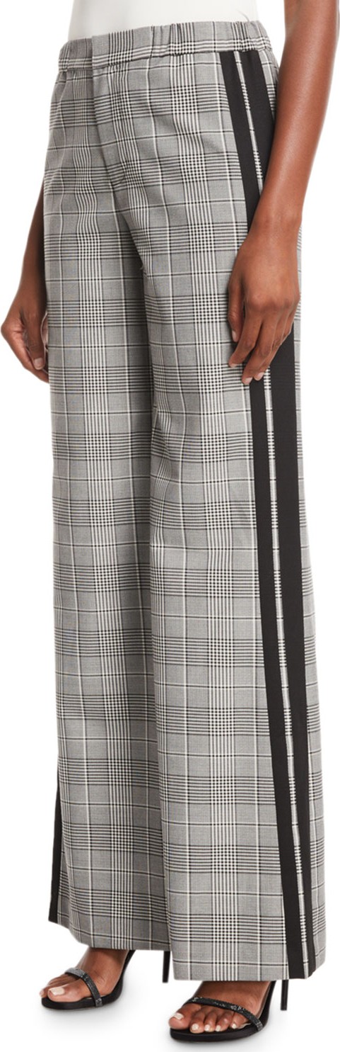 Alice + Olivia Bo Side-Stripe Wide-Leg Plaid Pull-On Pants