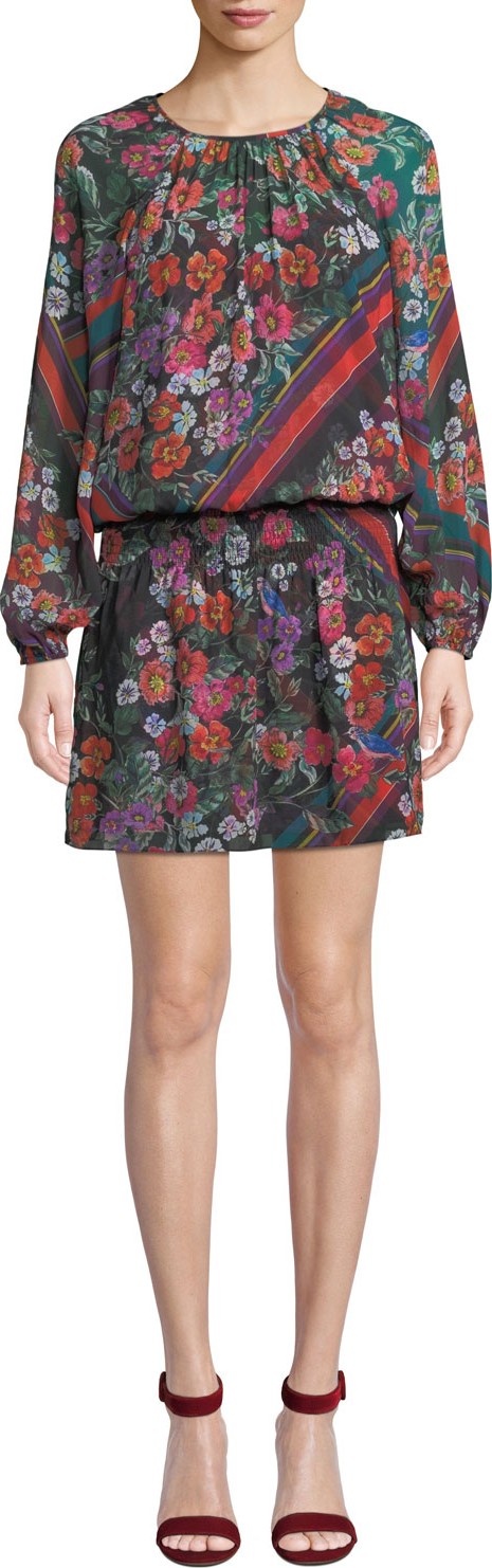 Parker Christina Floral-Print Blouson Long-Sleeve Dress