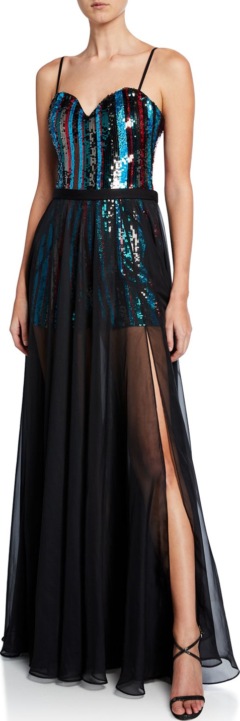 Jovani Striped Sequin Sweetheart Sleeveless Romper w/ Chiffon Overlay