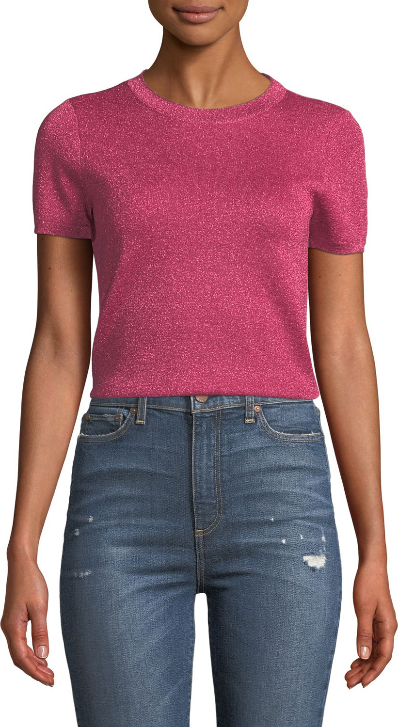 Alice + Olivia Connie Short-Sleeve Metallic Crewneck Top