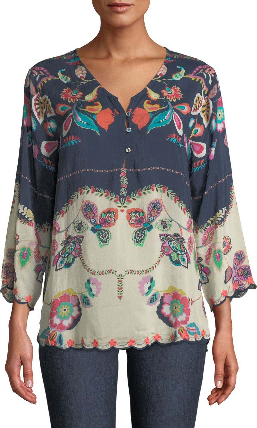 Johnny Was Zahra 3/4-Sleeve Floral-Print Georgette Tunic