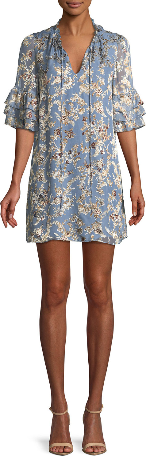 Alice + Olivia Julius Split-Neck Tiered-Sleeve Floral-Jacquard Tunic Dress