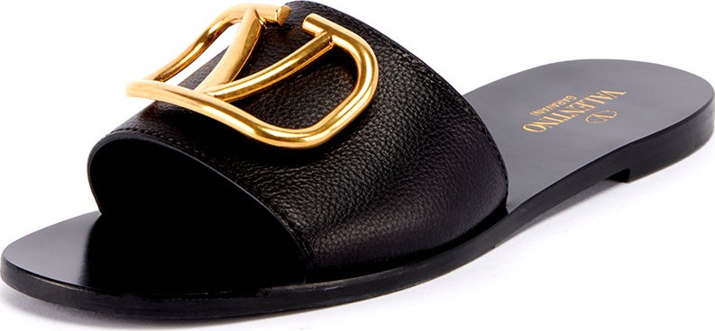 Valentino Flat Leather Logo Slide Sandals