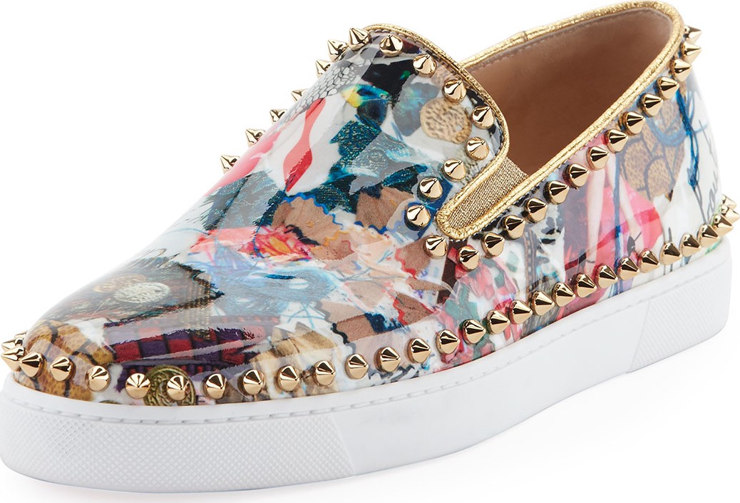 Christian Louboutin Pik Boat Spiked Patent Flat Sneakers, Multi