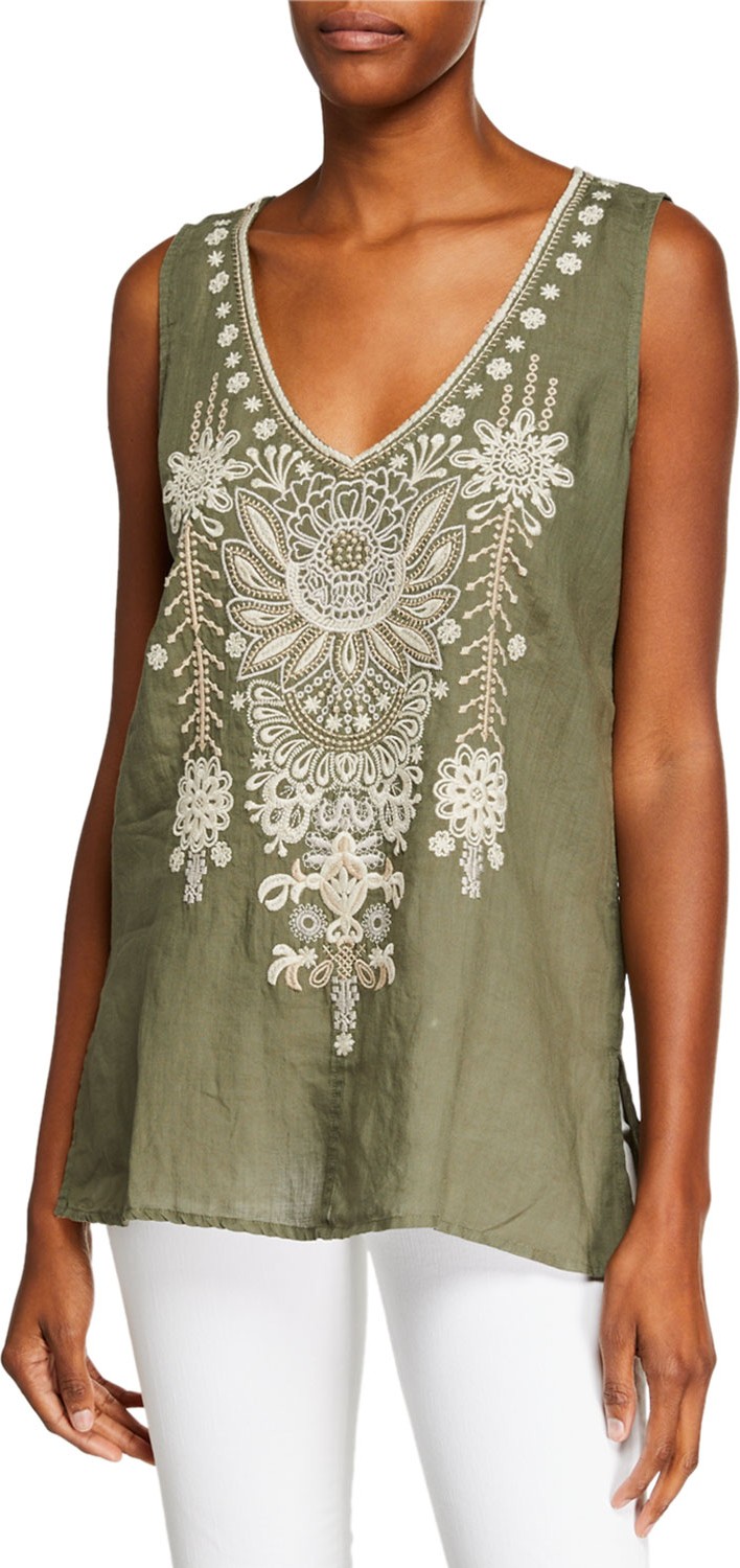 Johnny Was Marik V-Neck Linen Tank with Embroidery