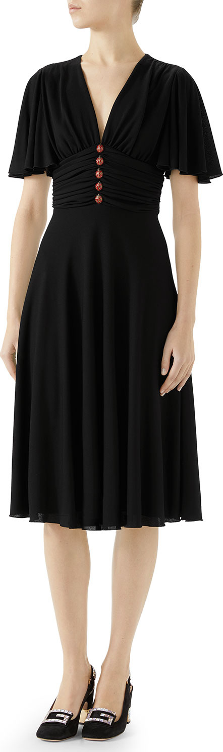 Gucci Short-Sleeve Jersey Dress w/ Ladybug Buttons