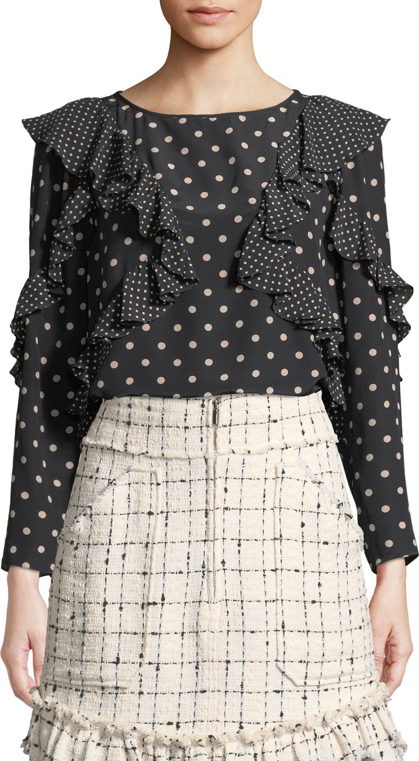 Rebecca Taylor Dot-Print Silk Long-Sleeve Ruffle Top