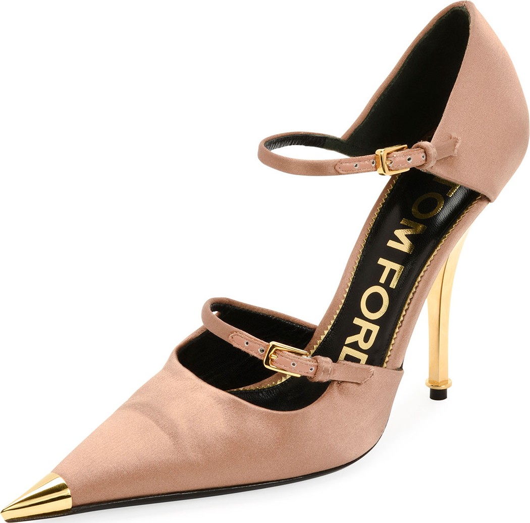 TOM FORD Two-Strap Satin Mary Jane Pumps with Pointed Metal Toe